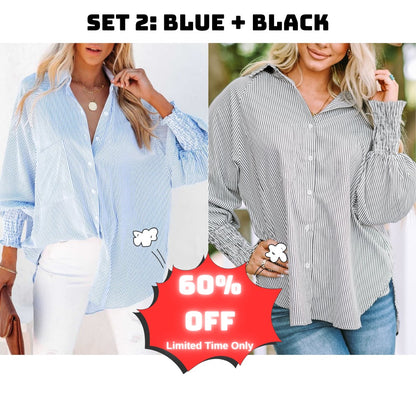 🔥Last Day Sale Up To 70% OFF - Mid-length Shirt With Striped Lapel & Oversized Drawdown Sleeves