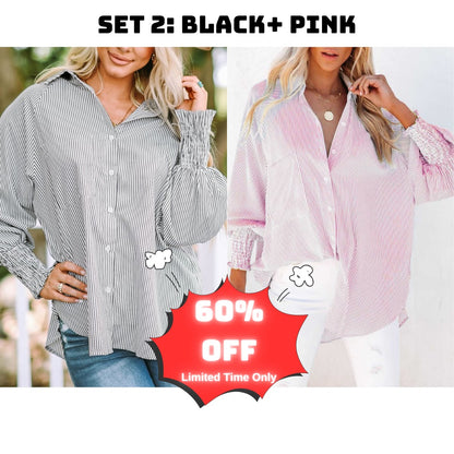 🔥Last Day Sale Up To 70% OFF - Mid-length Shirt With Striped Lapel & Oversized Drawdown Sleeves