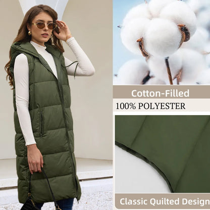 🔥 Women's Long Puffer Vest | Quilted Hood & Button Closure ❄️