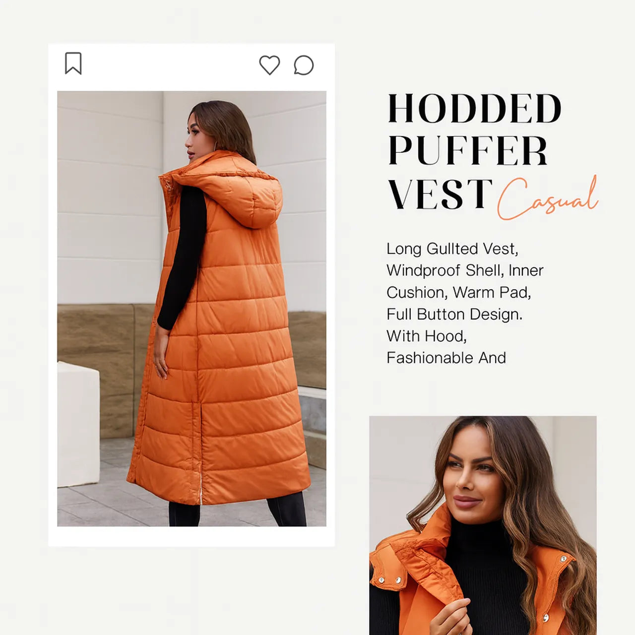 🔥 Women's Long Puffer Vest | Quilted Hood & Button Closure ❄️