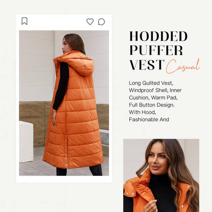 🔥 Women's Long Puffer Vest | Quilted Hood & Button Closure ❄️