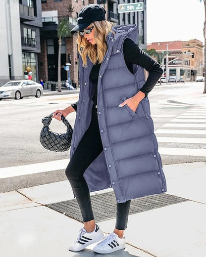 🔥 Women's Long Puffer Vest | Quilted Hood & Button Closure ❄️