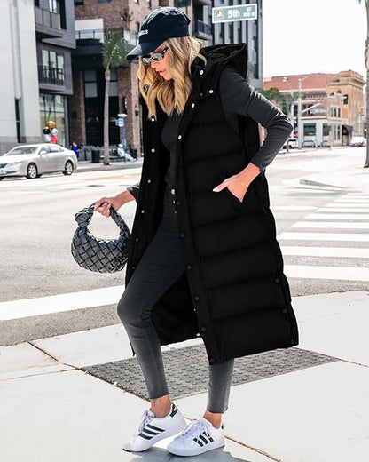 🔥 Women's Long Puffer Vest | Quilted Hood & Button Closure ❄️