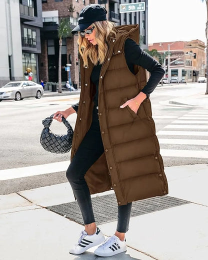 🔥 Women's Long Puffer Vest | Quilted Hood & Button Closure ❄️